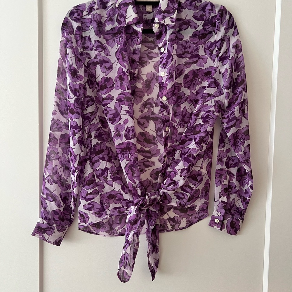 Front Tie Button Down Purple Floral Sheer Blouse